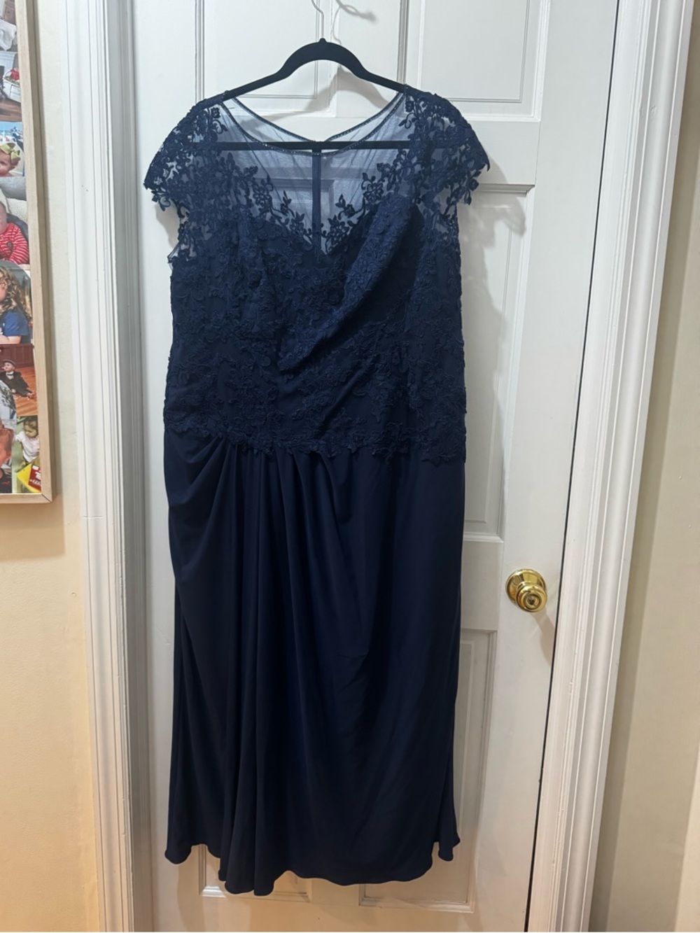 Lace Bodice Navy Midi Dress with Cap Sleeves